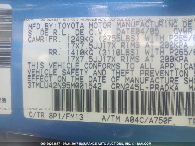3TMLU42N95M001542 - 2005 TOYOTA TACOMA DOUBLE CAB ლურჯი ფოტო 9