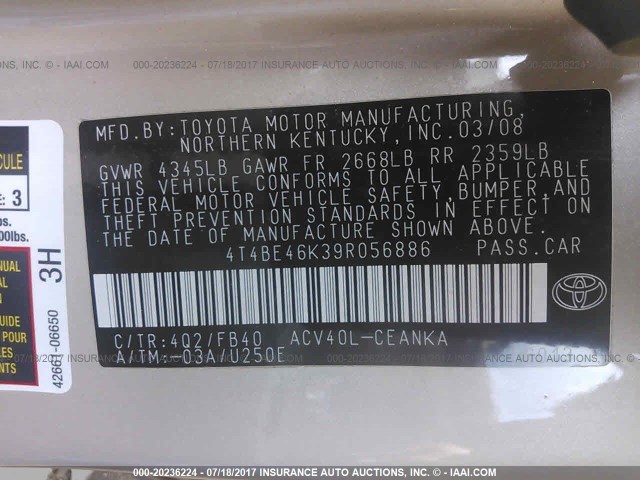 4T4BE46K39R056886 - 2009 TOYOTA CAMRY SE/LE/XLE Коричневый фото 9