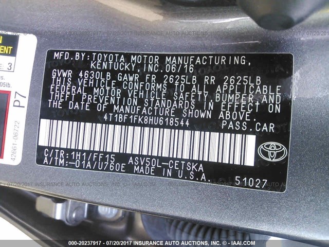 4T1BF1FK8HU618544 - 2017 TOYOTA CAMRY LE/XLE/SE/XSE Gris photo 9