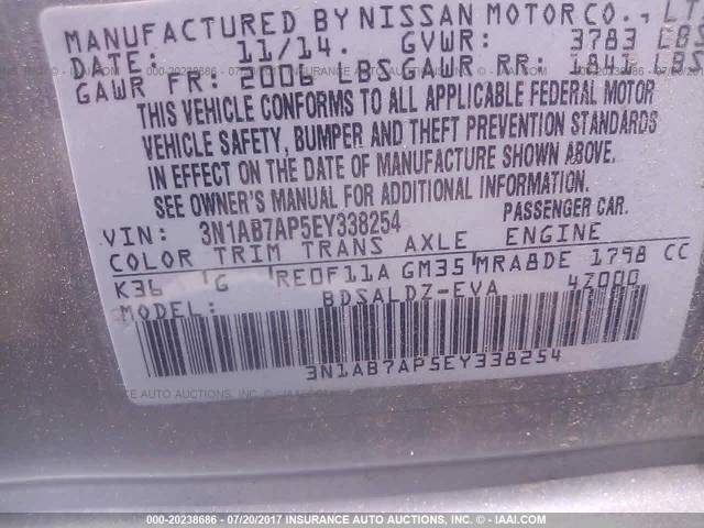 3N1AB7AP5EY338254 - 2014 NISSAN SENTRA S/SV/SR/SL GRAY photo 9