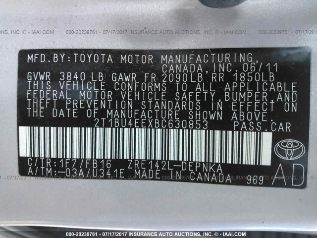 2T1BU4EEXBC630853 - 2011 TOYOTA COROLLA S/LE SILVER photo 9