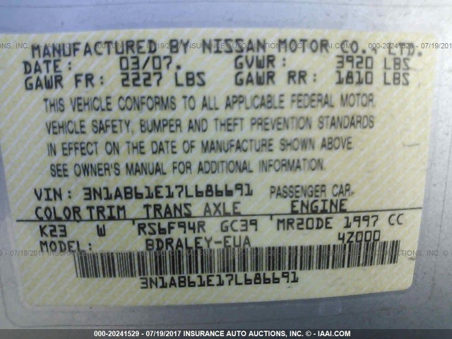 3N1AB61E17L686691 - 2007 NISSAN SENTRA 2.0/2.0S/2.0SL SILVER photo 9