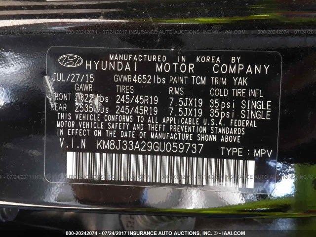 KM8J33A29GU059737 - 2016 HYUNDAI TUCSON LIMITED/SPORT AND ECO/SE BLACK photo 9