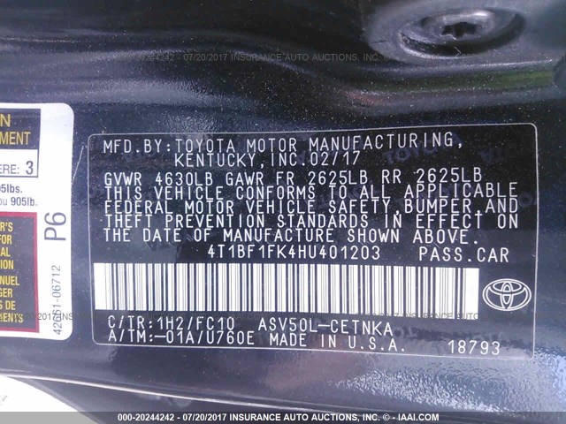 4T1BF1FK4HU401203 - 2017 TOYOTA CAMRY LE/XLE/SE/XSE BLACK photo 9