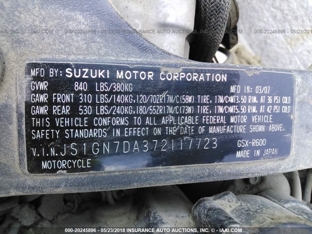 JS1GN7DA372117723 - 2007 SUZUKI GSX-R600 BLACK photo 10