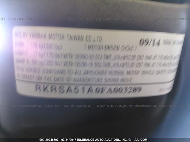 RKRSA51A0FA003289 - 2015 YAMAHA YW50 FX BLUE photo 10