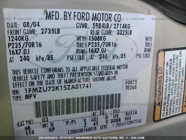 1FMZU73K15ZA01741 - 2005 FORD EXPLORER XLT/XLT SPORT/NBX TAN photo 9