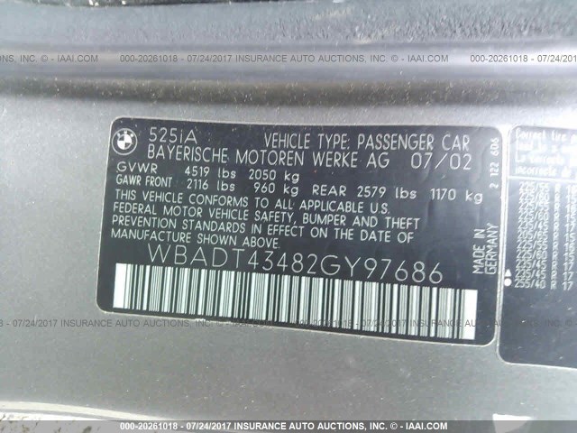 WBADT43482GY97686 - 2002 BMW 525 I AUTOMATIC 灰色 照片 9