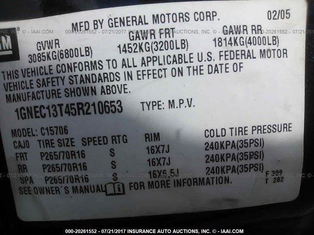 1GNEC13T45R210653 - 2005 CHEVROLET TAHOE C1500 BLUE photo 9