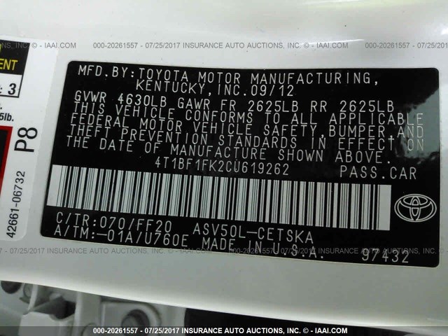 4T1BF1FK2CU619262 - 2012 TOYOTA CAMRY SE/LE/XLE WHITE photo 9