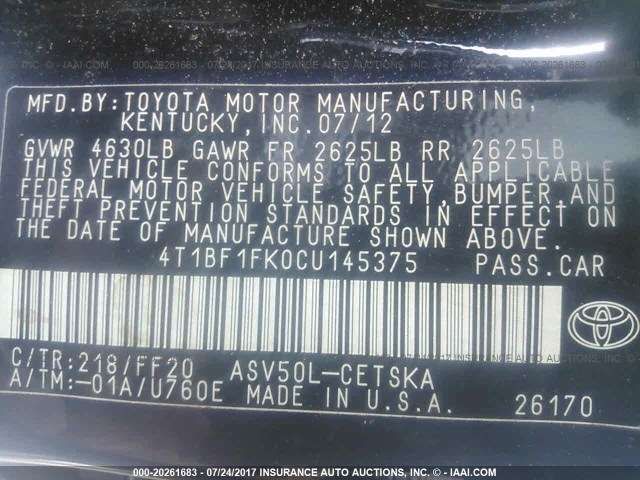4T1BF1FK0CU145375 - 2012 TOYOTA CAMRY SE/LE/XLE შავი ფოტო 9