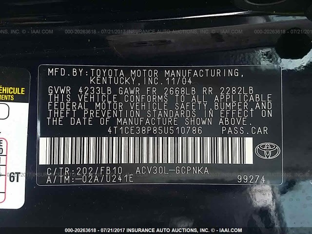 4T1CE38P85U510786 - 2005 TOYOTA CAMRY SOLARA SE/SLE შავი ფოტო 9