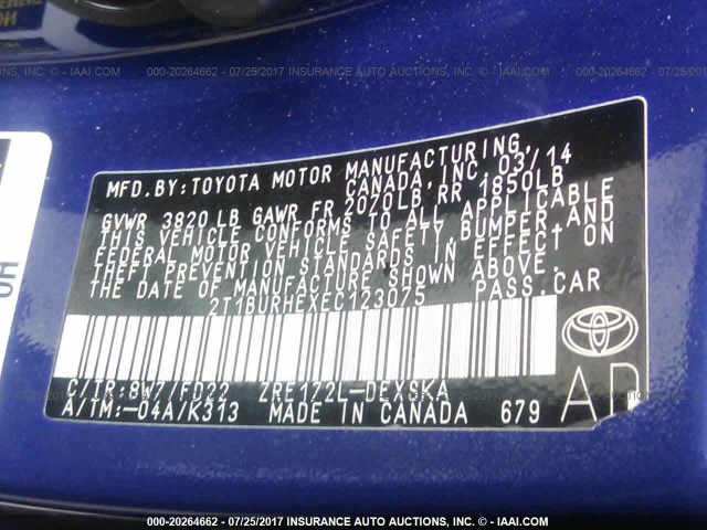 2T1BURHEXEC123075 - 2014 TOYOTA COROLLA L/LE/LE PLS/PRM/S/S PLS BLUE photo 9