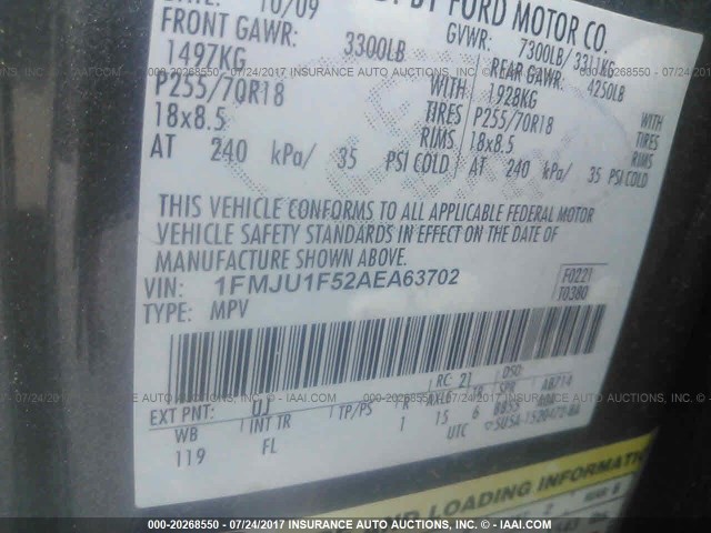 1FMJU1F52AEA63702 - 2010 FORD EXPEDITION XLT ნაცრისფერი ფოტო 9