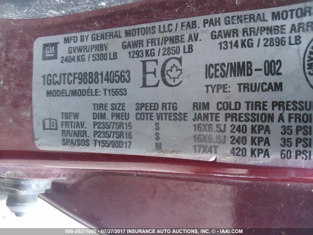 1GCJTCF98B8140563 - 2011 CHEVROLET COLORADO LT MAROON photo 9