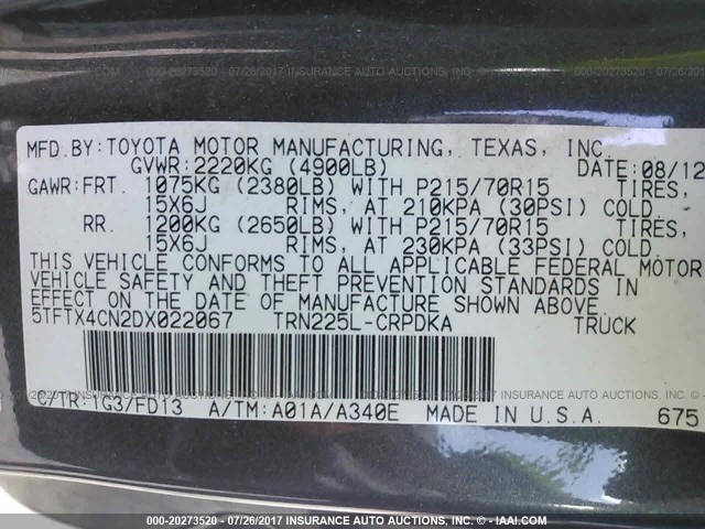 5TFTX4CN2DX022067 - 2013 TOYOTA TACOMA ACCESS CAB Grau Foto 9