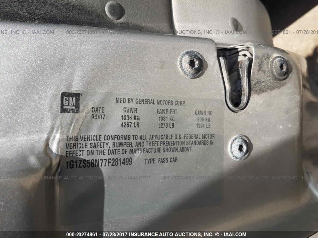 1G1ZS58N77F281499 - 2007 CHEVROLET MALIBU LS SILVER photo 9