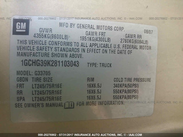 1GCHG39K281103043 - 2008 CHEVROLET EXPRESS G3500  GOLD photo 9