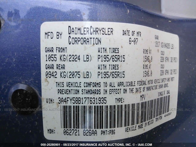 3A4FY58B17T631935 - 2007 CHRYSLER PT CRUISER TOURING BLUE photo 9