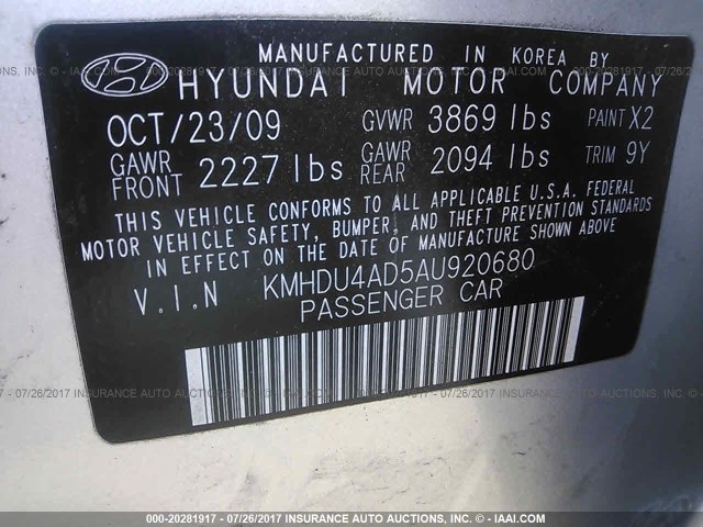 KMHDU4AD5AU920680 - 2010 HYUNDAI ELANTRA BLUE/GLS/SE SILVER photo 9