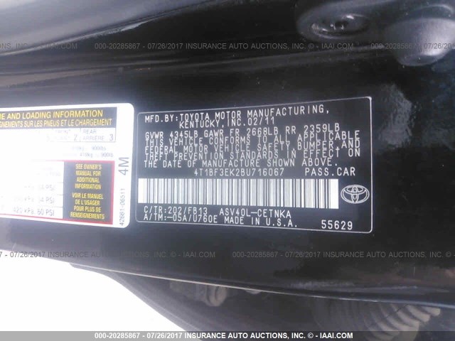 4T1BF3EK2BU716067 - 2011 TOYOTA CAMRY SE/LE/XLE BLACK photo 9