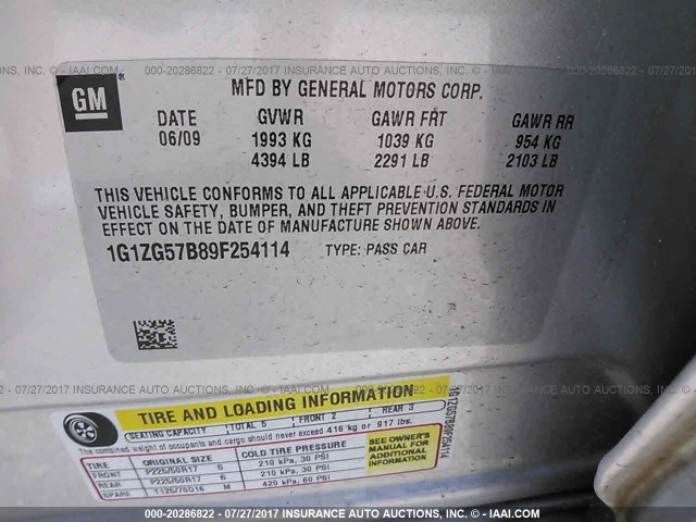 1G1ZG57B89F254114 - 2009 CHEVROLET MALIBU LS 银色 照片 9