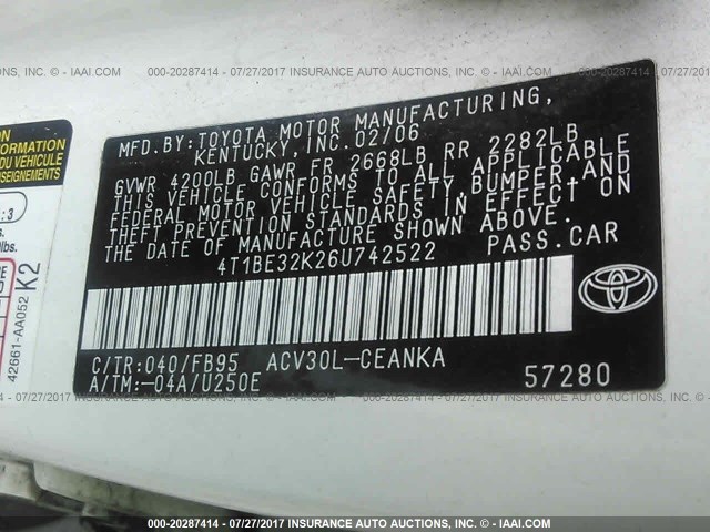 4T1BE32K26U742522 - 2006 TOYOTA CAMRY LE/XLE/SE WHITE photo 9