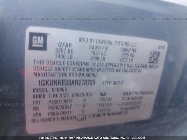 1GKUKKE33AR278726 - 2010 GMC YUKON XL K1500 SLT BLUE photo 9