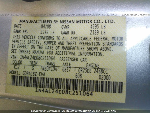 1N4AL24E08C251064 - 2008 NISSAN ALTIMA 2.5S SILVER photo 9