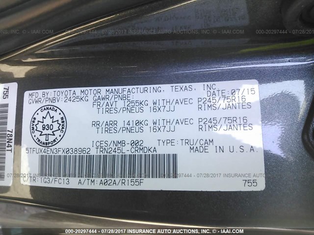 5TFUX4EN3FX038962 - 2015 TOYOTA TACOMA ACCESS CAB Сұр фото 9