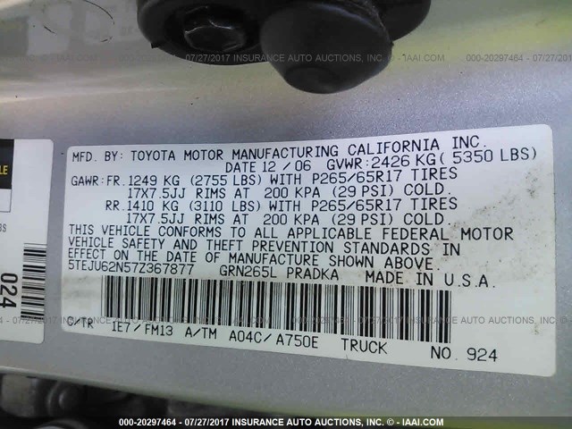 5TEJU62N57Z367877 - 2007 TOYOTA TACOMA DOUBLE CAB PRERUNNER SILVER photo 9