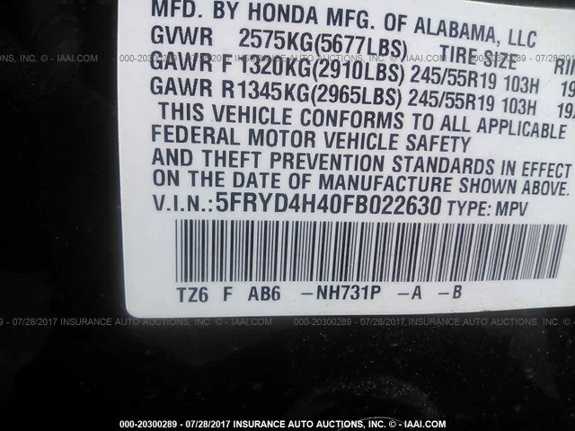 5FRYD4H40FB022630 - 2015 ACURA MDX TECHNOLOGY BLACK photo 9