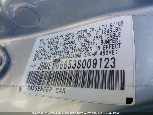 JHMES96653S009123 - 2003 HONDA CIVIC HYBRID Light Blue photo 9