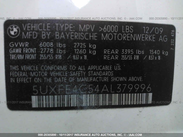 5UXFE4C54AL379996 - 2010 BMW X5 XDRIVE30I WHITE photo 9