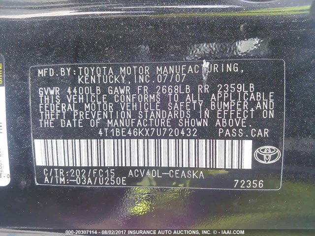 4T1BE46KX7U720432 - 2007 TOYOTA CAMRY NEW GENERAT CE/LE/XLE/SE BLACK photo 9