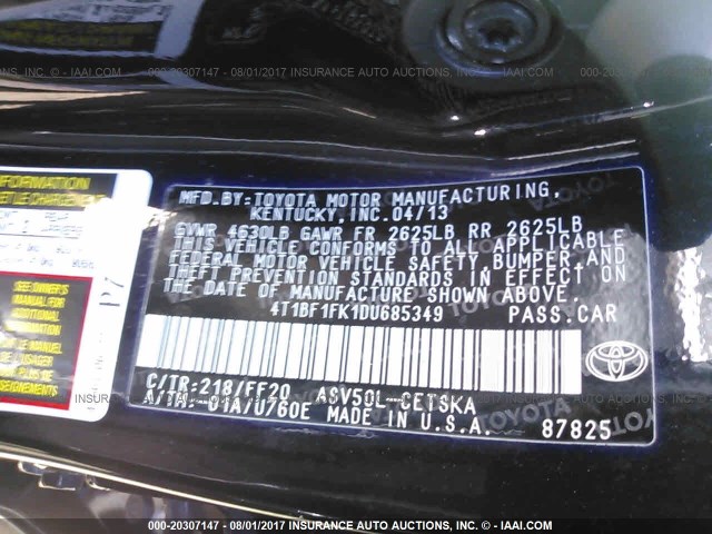 4T1BF1FK1DU685349 - 2013 TOYOTA CAMRY L/SE/LE/XLE 黑色 照片 9