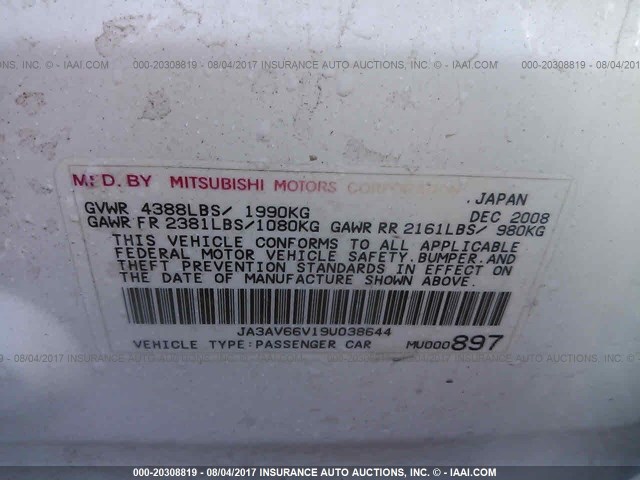 JA3AV66V19U038644 - 2009 MITSUBISHI LANCER RALLIART WHITE photo 9