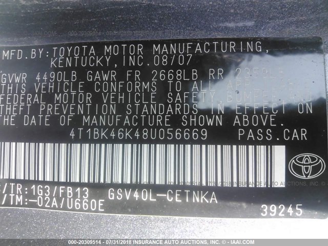 4T1BK46K48U056669 - 2008 TOYOTA CAMRY LE/XLE/SE Boz foto 9
