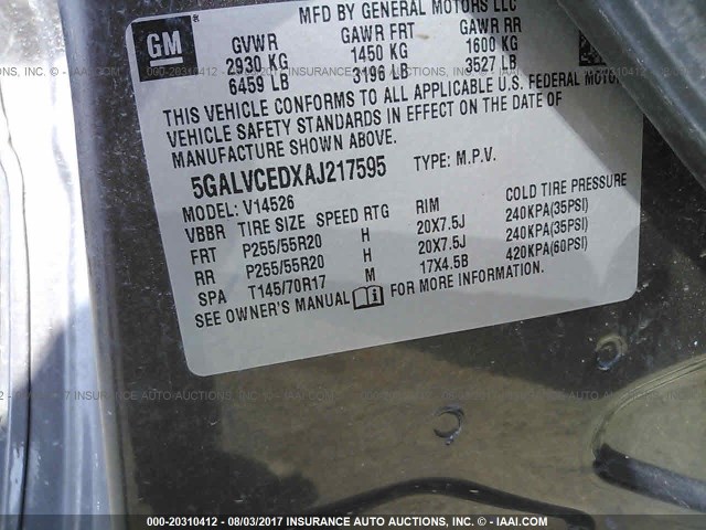 5GALVCEDXAJ217595 - 2010 BUICK ENCLAVE CXL 棕色 照片 9