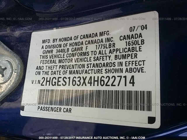 2HGES163X4H622714 - 2004 HONDA CIVIC DX VP BLUE photo 9