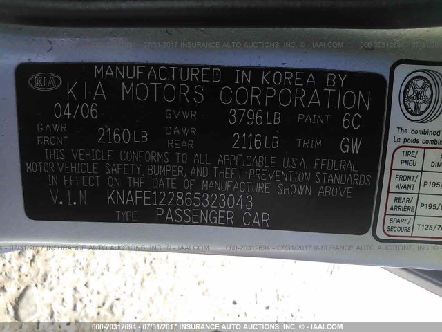 KNAFE122865323043 - 2006 KIA NEW SPECTRA LX/EX SILVER photo 9