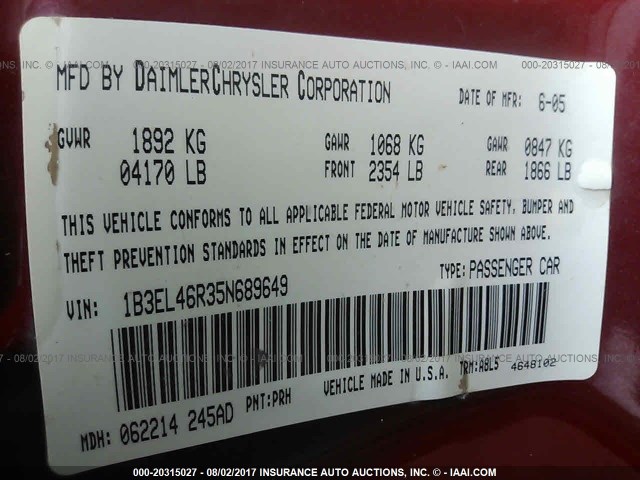 1B3EL46R35N689649 - 2005 DODGE STRATUS SXT RED photo 9