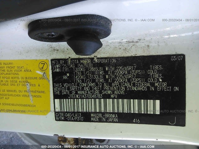 JTEEW21A370048783 - 2007 TOYOTA HIGHLANDER HYBRID WHITE photo 9