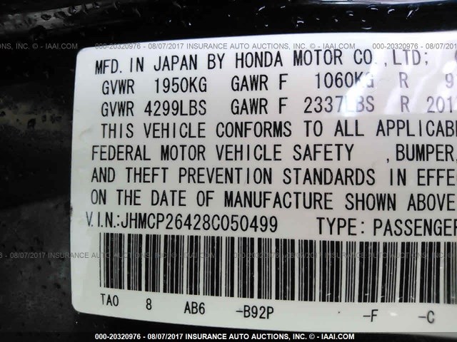 JHMCP26428C050499 - 2008 HONDA ACCORD LXP BLACK photo 9