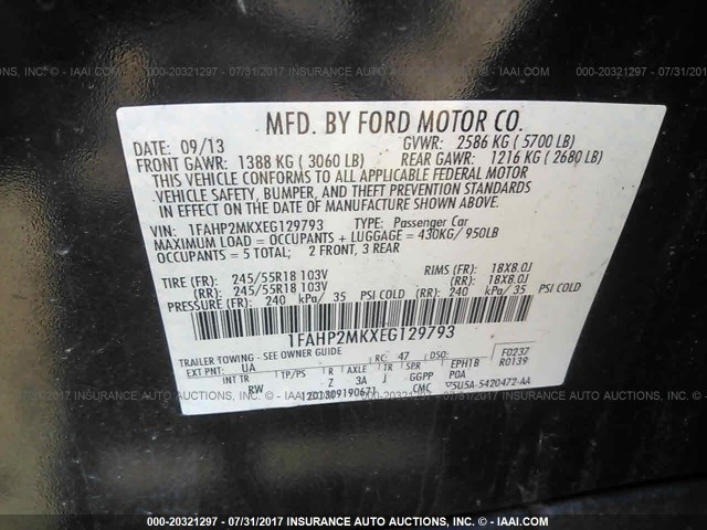 1FAHP2MKXEG129793 - 2014 FORD TAURUS POLICE INTERCEPTOR BLACK photo 9