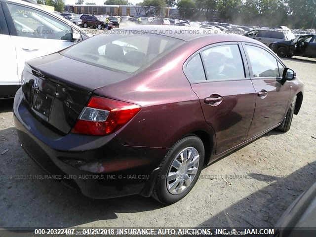 19XFB2F54CE077808 - 2012 HONDA CIVIC LX MAROON photo 4