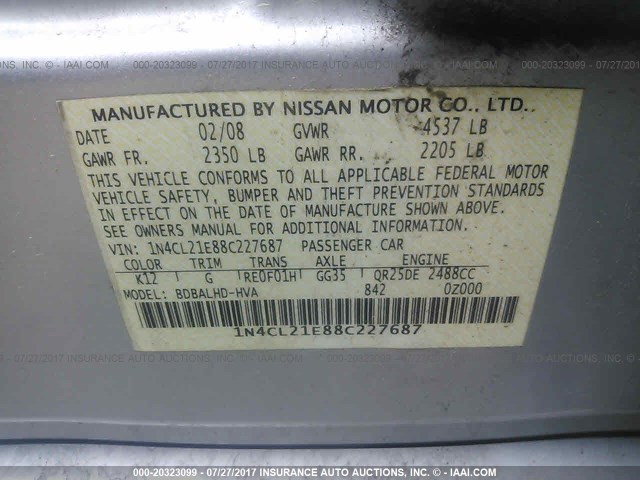 1N4CL21E88C227687 - 2008 NISSAN ALTIMA HYBRID SILVER photo 9