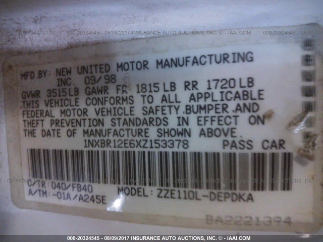 1NXBR12E6XZ153378 - 1999 TOYOTA COROLLA VE/CE/LE 白色 照片 9