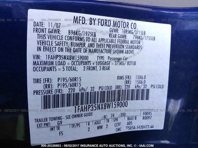 1FAHP35NX8W159000 - 2008 FORD FOCUS SE/SEL/SES BLUE photo 9