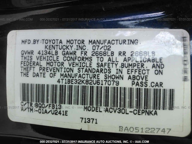 4T1BE32K82U617079 - 2002 TOYOTA CAMRY LE/XLE/SE ლურჯი ფოტო 9